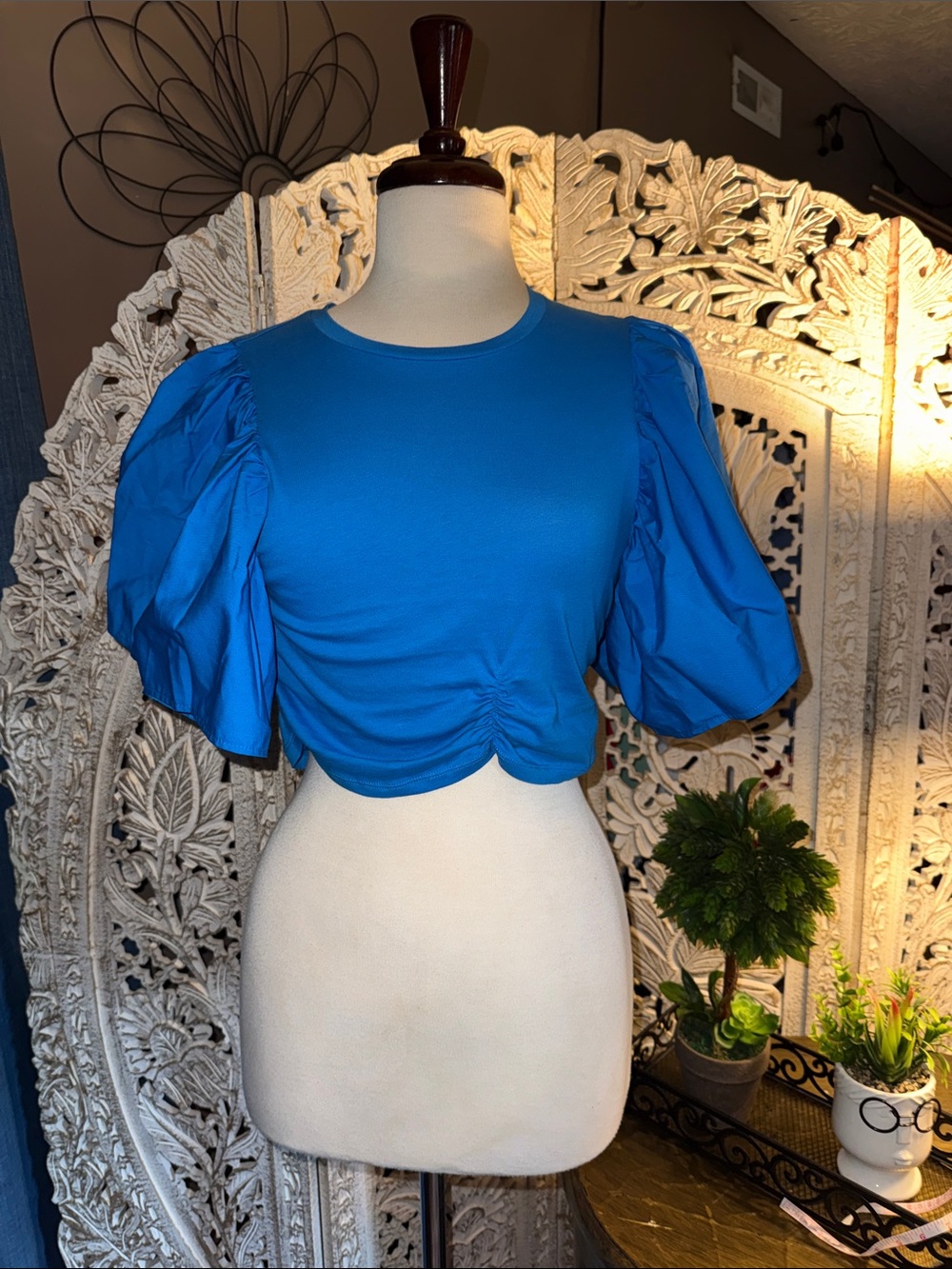 Zara Bright Blue Puff-Sleeve Cropped Tee